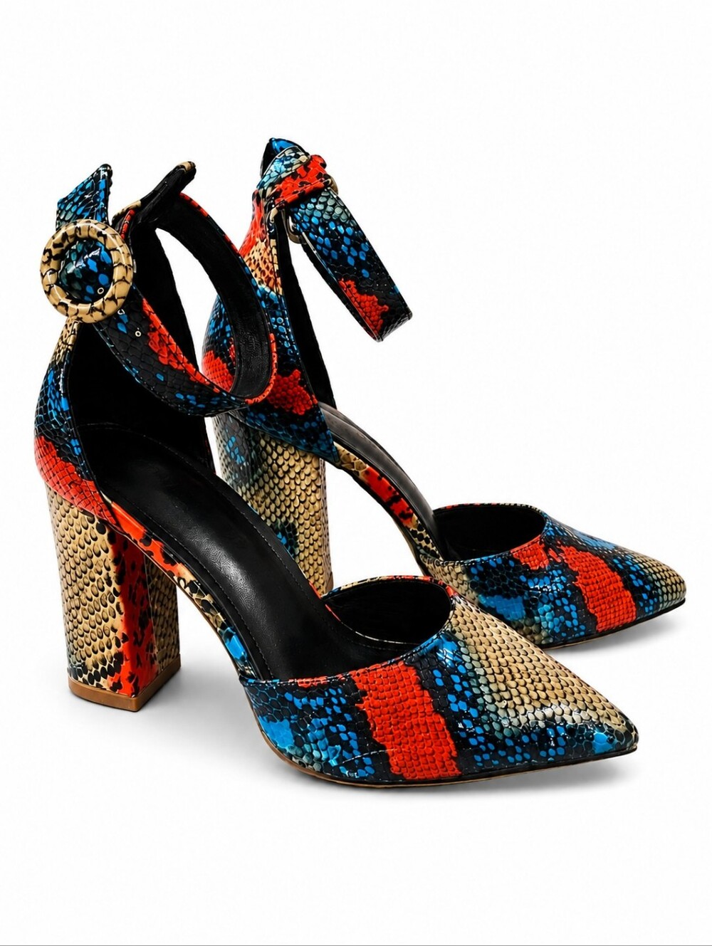 Women's Snakeskin Print Block Heel Pumps Ankle Strap Pointed Toe EU 42